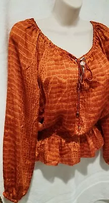 MICHAEL Kors Blouse Long Sleeve  Brick Orange Animal Print /Draw String Sz PM • $3.99