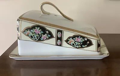 $45 • Buy Vintage Hand Painted Nippon Covered Cheese Butter Dish Server Keeper Gold Navy