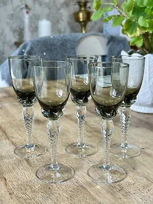 Vintage Set Of 5 Smoked Glasses Wine Cocktail Flutes Twisted Stem • £15