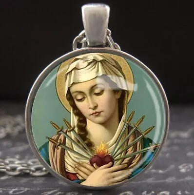 Vintage Art Seven Sorrows Of The Virgin Mary Necklace Catholic Medal Madonna New • $25