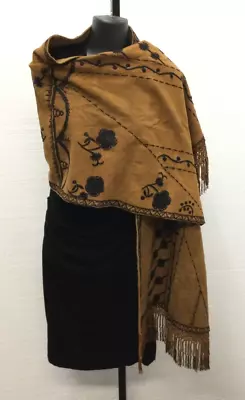 $59.99 • Buy Bajra Summer Women 100% Cotton Brown W Black Floral Embroidery Scarf, Cape, Wrap
