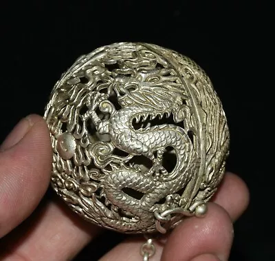 5CM Rare Old Chinese Miao Silver Feng Shui Palace Dragon Phoenix Ball Pendant • $25