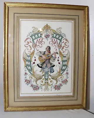UNIQUE Antique Original Mixed Media Renaissance Lute Musician Painting Collage  • $449.54