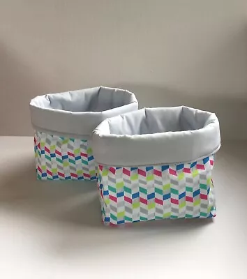 Handmade Fabric Storage Baskets In Geometric Pattern Of Blue Pink Green & Grey • £9