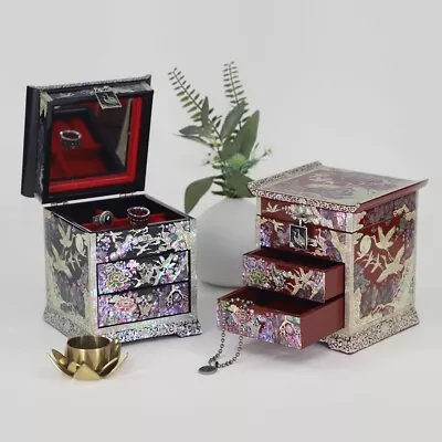 Korean Handcraft Mother Of Pearl Jewelry Box New Wooden Black Red Antique Case • $161.20