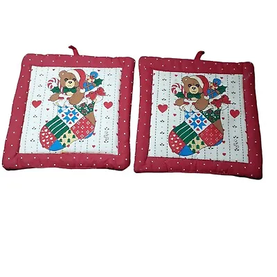 Vtg Christmas Pot Holders Pair Bear Santa Candy Cane Hearts Stocking Toy Soldier • $23.54