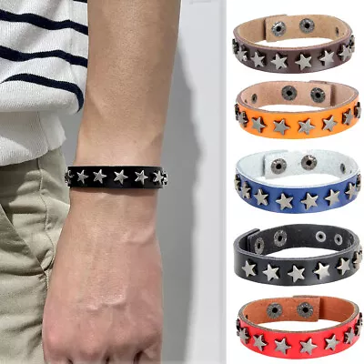 Men's Punk Rocker Biker Gothic Leather Straps Wristband Cuff Bracelet Adjustable • $7.98