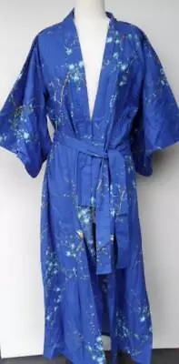 Japanese Yukata Kimono Sash Belt Robe Women XL Cotton Blue Nightingale Bird • £62.66