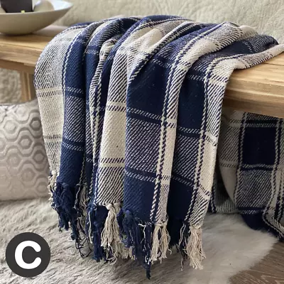 Luxury 100% Cotton Deep Navy Blue Tartan Checked Large Sofa Bed Throw Blanket • £28.95