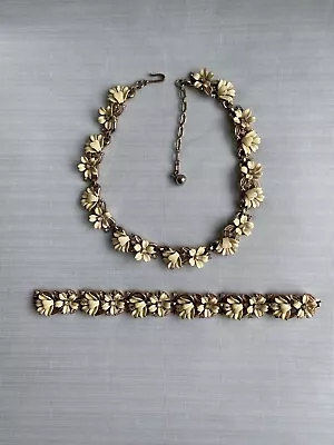 Vintage 1950s Trifari Fleurette Yellow Enamel Flower Necklace And Bracelet Set • $129