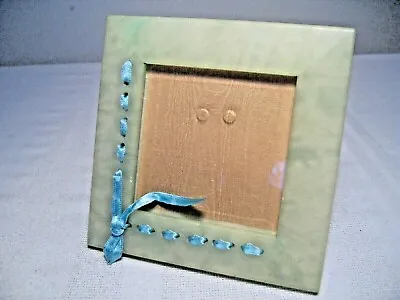 VINTAGE BLUE GREEN MILK GLASS PICTURE FRAME - IVORY SATIN BACKING And RIBBON • $5.95