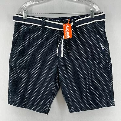 SUPERDRY Shorts Mens L 8  Chino Polka Dot Belted Walking Cotton Navy Blue NEW • $44.99
