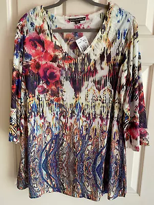 Mushka By Sienna Rose Tunic Top Size 1X Multicolor 3/4 Sleeve V Neck - NWT $68 • $24