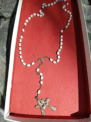 Vintage White Glass Rosary Beads With 2 Crosses.  Made In Italy • $20