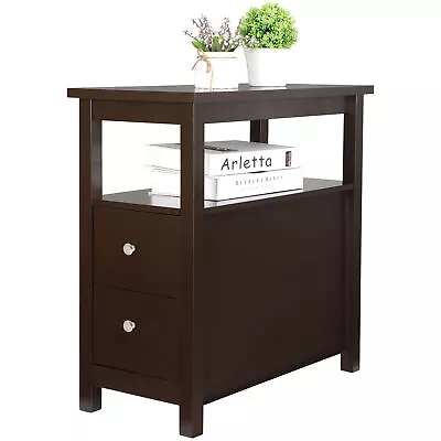 End Table With 2 Drawers Open Shelf Narrow Sofa End Table For Living Room Brown  • $52.58