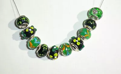 Sliding Green Round Charms Glass Lampwork Trollbead Silver Plated Core Lot Of 10 • $12.99