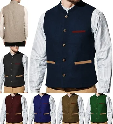 Mens Herringbone Stand-Up Collar Vest Tweed Waistcoat Wedding Wool Vintage Retro • $15.99