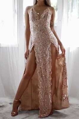 Rose Gold Prom Plunge Floral Sequin Double Thigh Slit Maxi Dress Sz 6 • £39.99