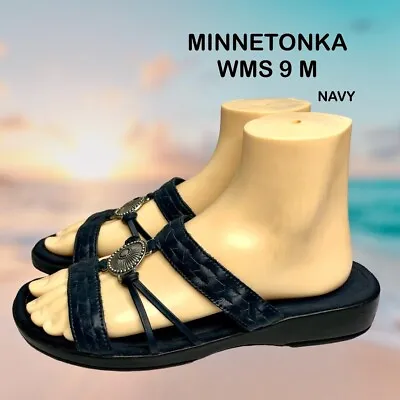 Minnetonka Women’s Navy Leather Strappy Medallion Wedge Slide Sandals Size 9 M • $22.99