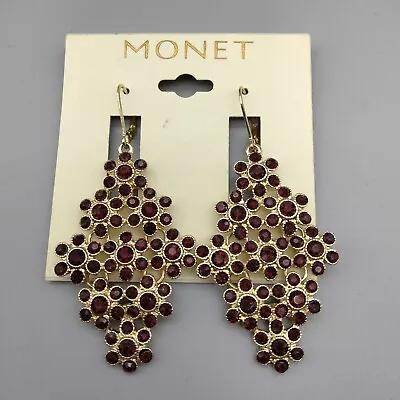 Monet Red Rhinestone Gold Tone Pierced Drop Pierced Earrings NEW Original Card • $17.99