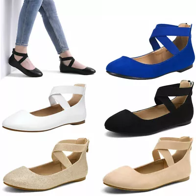 Womens Ballerina Ballet Flat Elastic Ankle Strap Shoes Slip On Flats Casual Shoe • $46.24