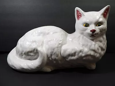 Old Large Ceramic Resting White Cat Figurine ~ Green Eyes ~ Portugal ~  14  Long • $59.99