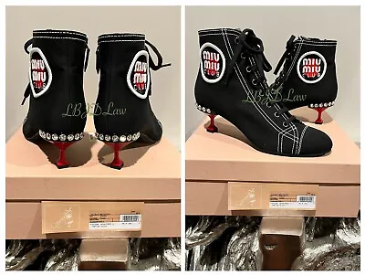 Miu Miu Club Prada Race Patch Sneaker Boot Black Gabardine Red Crystal Heel 39.5 • $995