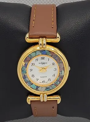 Ladies L.A. Express Gold Tone Prismatic Rock Chip Bezel Brown Leather Watch K1 • $16.99