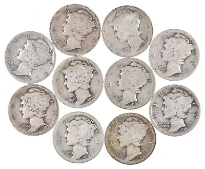 Lot Of 10 First Year 1916 P/S Mercury Head Silver Dime Collection 1/5 Roll *238 • $23.01