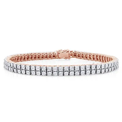 Mens Ladies 14K Rose Gold Plated Round 2 Row 6 MM Diamond Bracelet 8 Inch -IGI- • $417.18