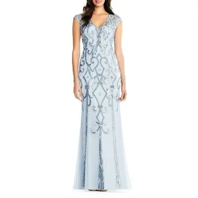 Aidan Mattox Cold Blue Beaded V Neck Long Evening Gown Dress Size 2 CA06 • $99.99