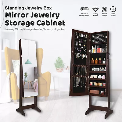 Full Length Mirror Standing Jewelry Cabinet Armoire Lock Storage Organizer Brown • $84.99