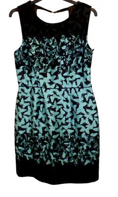 Oasis UK 10 Blue Butterfly Black Velvet Round Neck Sleeveless Dress • £9.99