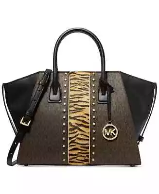 Michael Kors Avril Signature Logo Tiger Print Stripe Large Top Zip Satchel • $159.59