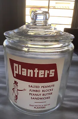 Vintage Red Planters Peanuts Clear Glass Barrel Counter Display Jar And Lid • $185