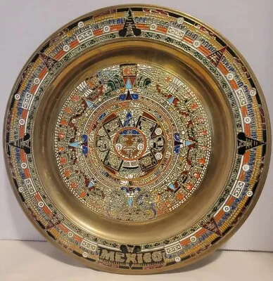 Vintage Brass Enamel Aztec Mayan Calender Wall Hanging Plate 11  W/Hanger • $16.99