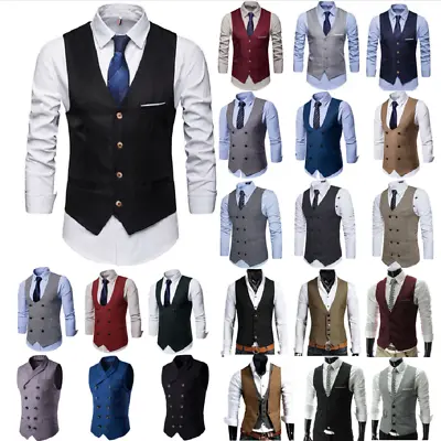 Men Retro Herringbone Tweed Peaky Blinders Work Vest Slim Waistcoat Jacket Coat· • £9.56