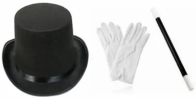 Adult Child Top Hat White Gloves Wand Magician Fancy Dress Costume Magic Circle • £10.99