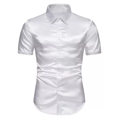 Mens Satin Shiny Silk Smart Shirt Wedding Short Sleeve Formal Tops Dress Shirt • £9.41