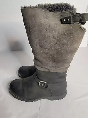 UGG Boots Womens 9 Daleane Waterproof Black Gray Leather Sheepskin Tall Zip • $68.39