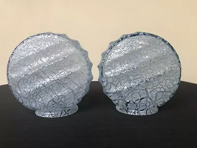 VINTAGE RETRO GLASS LIGHT SHADES X 2 | CRACKLE BLUE FITTINGS | 1930s | ART DECO • $120