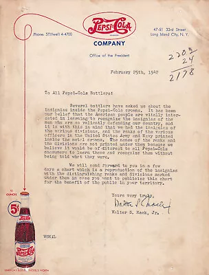 Pepsi-Cola Company Bottlers NY Letter 1942 Rare Walter S. Mack Jr. • $39.99