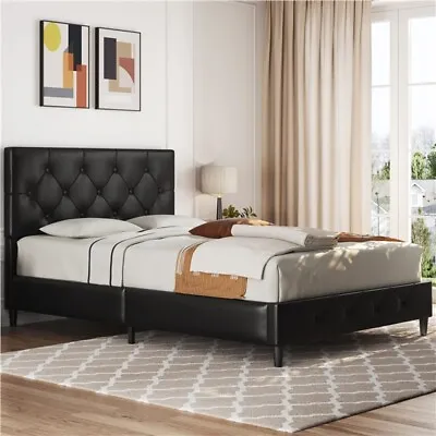 Faux Leather Platform Upholstered Bed Frame With Button Tufted Headboard Queen • $139.49