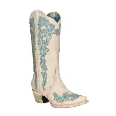 Corral Ladies Bone Glitter Overlay Embroidery Snip Toe Boots A4368 • $179.97