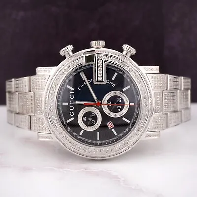 Gucci Chrono 101M Mens 44mm Iced 7ct Diamond Quartz Steel Black Dial Watch • $3