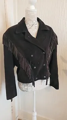 Dark Brown Suede 80's Vintage Fringed Jacket With Shoulder Pads • £60