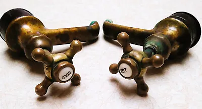 PAIR ANTIQUE BRASS SPIGOTS / FAUCETS With WHITE PORCELAIN HOT & COLD • $59.99