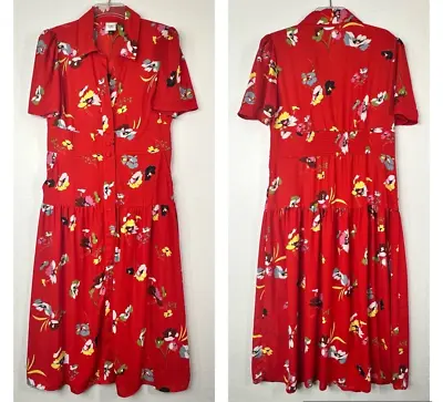 Cabi Afternoon Dress 6218 Red Floral M Button Front Smocked Short Sleeve Party • $44.99