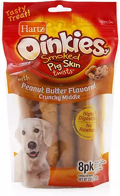 4 BAGS 8 COUNT EACH Oinkies Natural Smoked Pig Skin Twist Peanut Butter DOG CHEW • $50