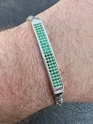 Men Byzantine Presidential ID Bracelet Real 925 Silver Iced Green Eemerald Stone • $71.98